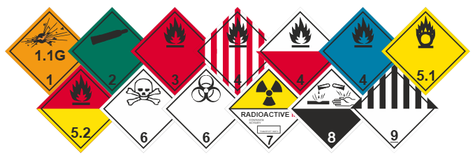 ADR hazard labels, classes 1 to 9