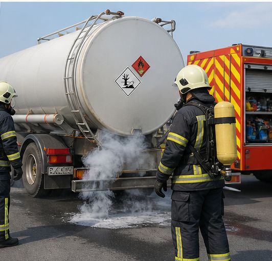 Firefighters responding to a leak from a tank truck