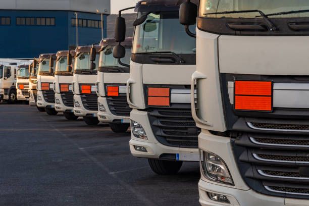 Row of trucks with blank orange plates