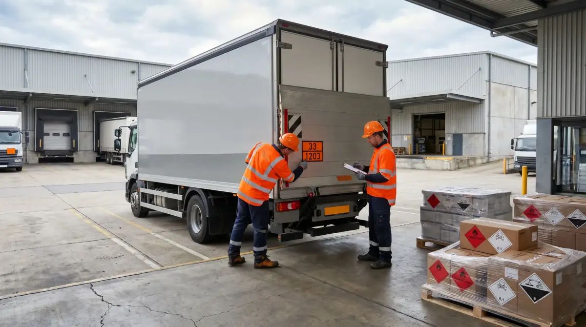 Two inspectors checking a box truck with orange plate before loading packaged dangerous goods