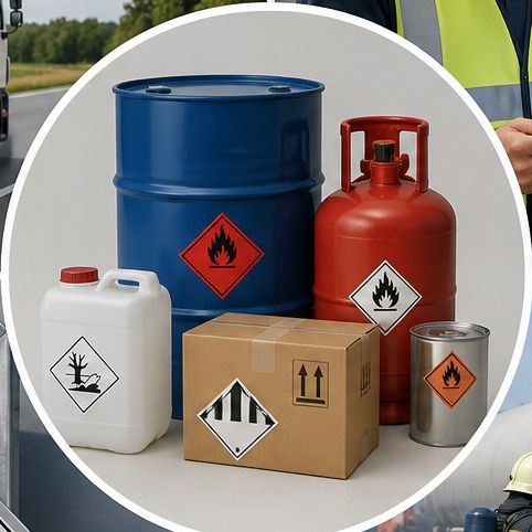 Drum, gas cylinder, jerrican, can and box with hazard labels